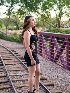 Xtraordinary Black Mini Dress with Pink Floral Embroidery